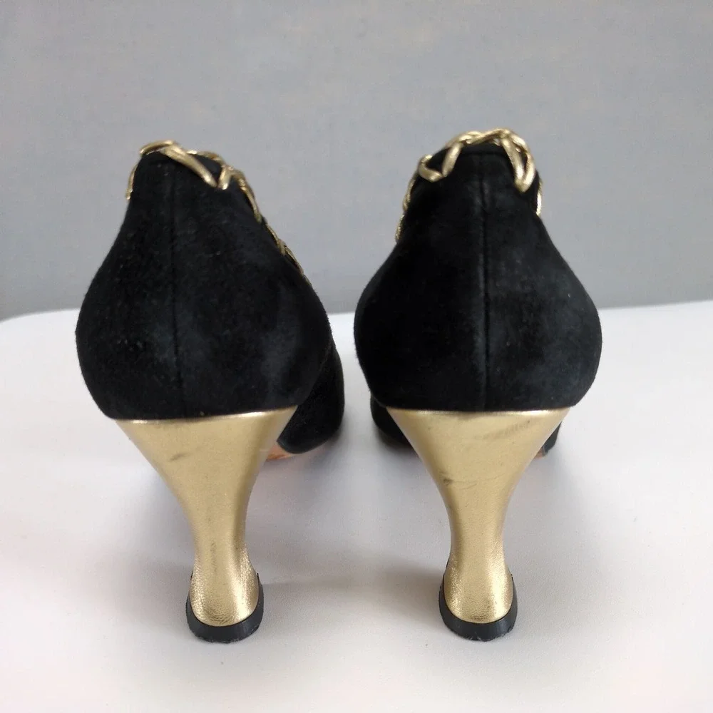 Vintage Bally Chiffon Black Suede Pumps Womens 8 Gold Trim 3